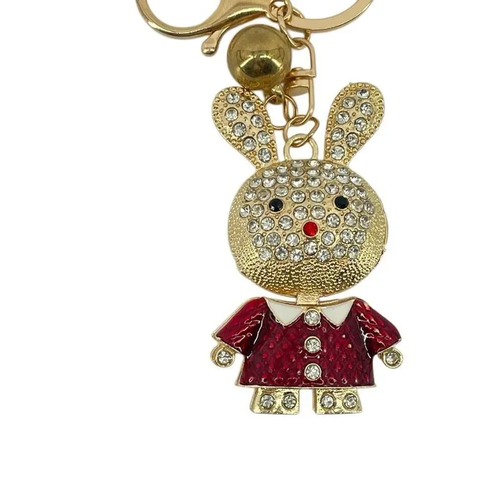 Rhinestone Bunny Rabbit Keychain Gold Red Dress Purse Charm Bag Charm